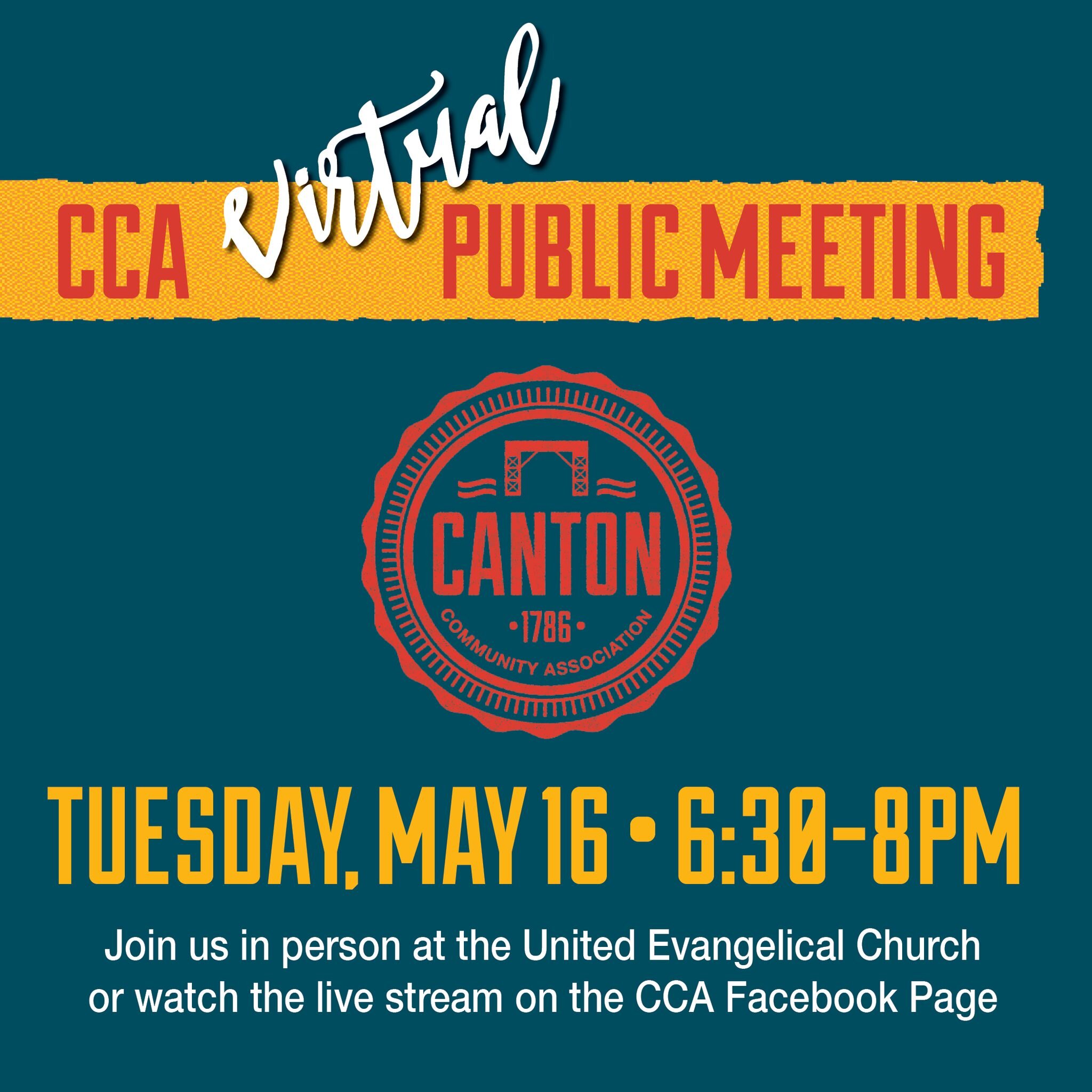 Join us TONIGHT, May 16, for the CCA PUBLIC MEETING from 6:30-8:00 PM at the
United Evangelical Church at 3200 Dillon St. (Enter from East Ave, go downstairs)
Lite Fare by @nihaobaltimore.

#GetNeighborly #CCAPublicMeeting #CCABaltimore