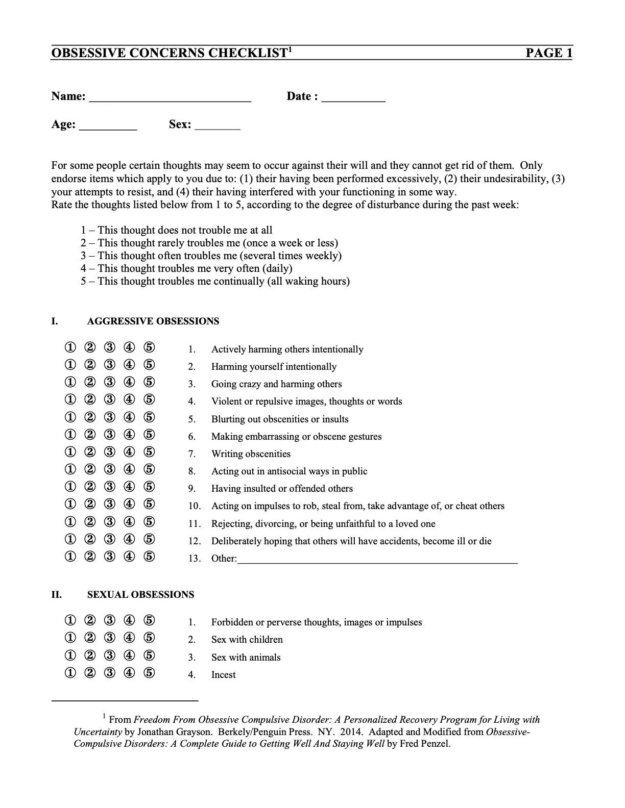 Obsessive Concerns Checklist by J. Grayson, PhD