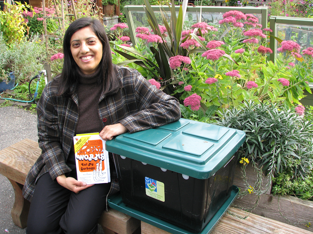 Wormshop instructor, Farhat Khan, beside City worm bin.
