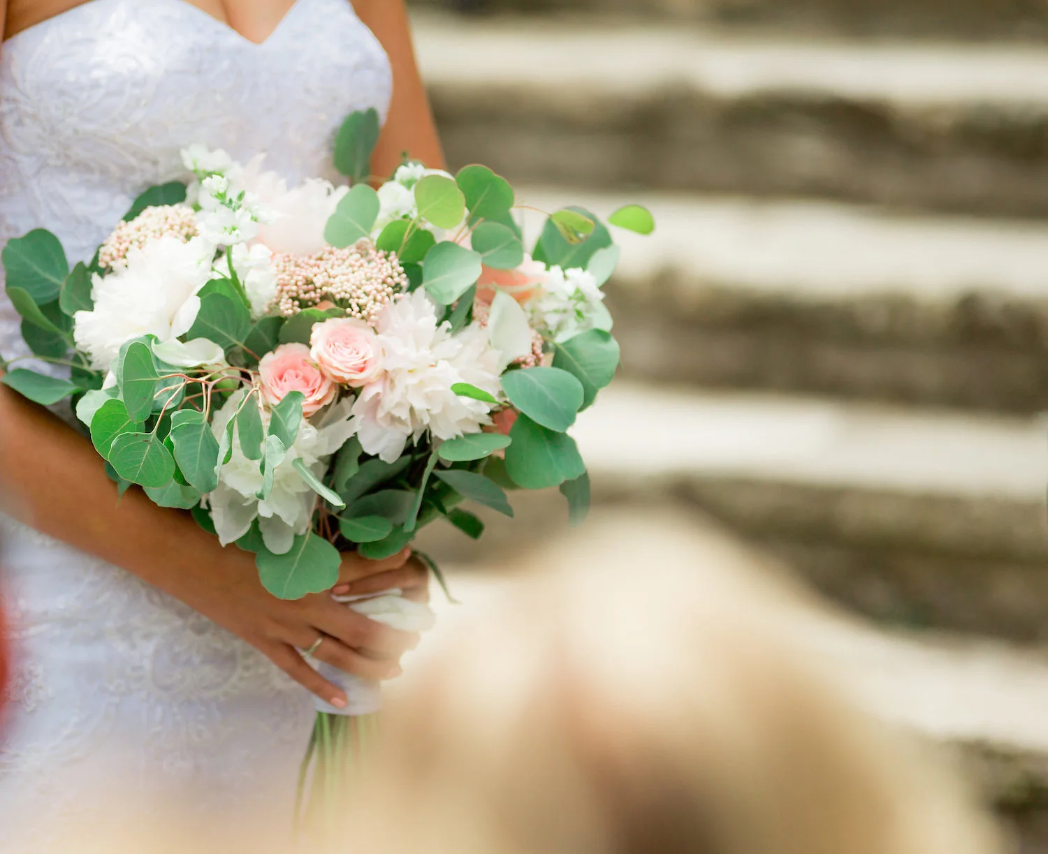 Bride’s bouquet - white peonies, pink roses, eucalyptus
