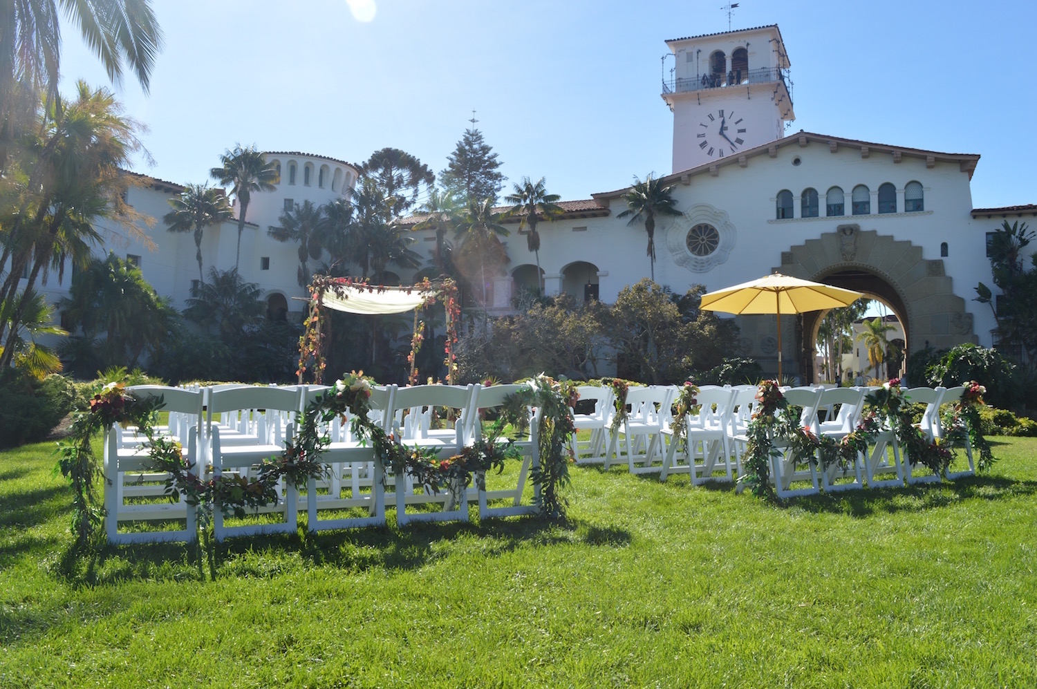 view of Santa Barbara courthouse from wedding ceremony