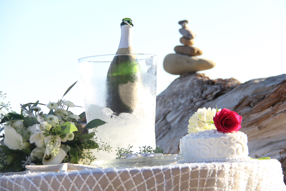 champagne and cake set against backdrop of the beach