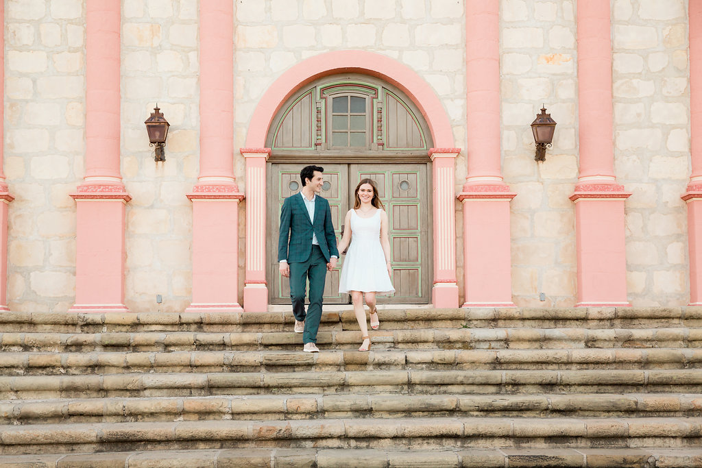 couple walking down steps at Santa Barbara elopement