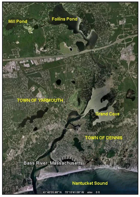 Major components of the Bass River Embayment System assessed by the Massachusetts Estuaries Project. Tidal waters enter the main channel of the Bass River system through a single inlet from Nantucket Sound. Fresh water enters from the watershed primarily through direct groundwater discharge to the estuary and through two small surface water discharges (Fresh Pond Brook and Hamblin Brook into Mill Pond). 