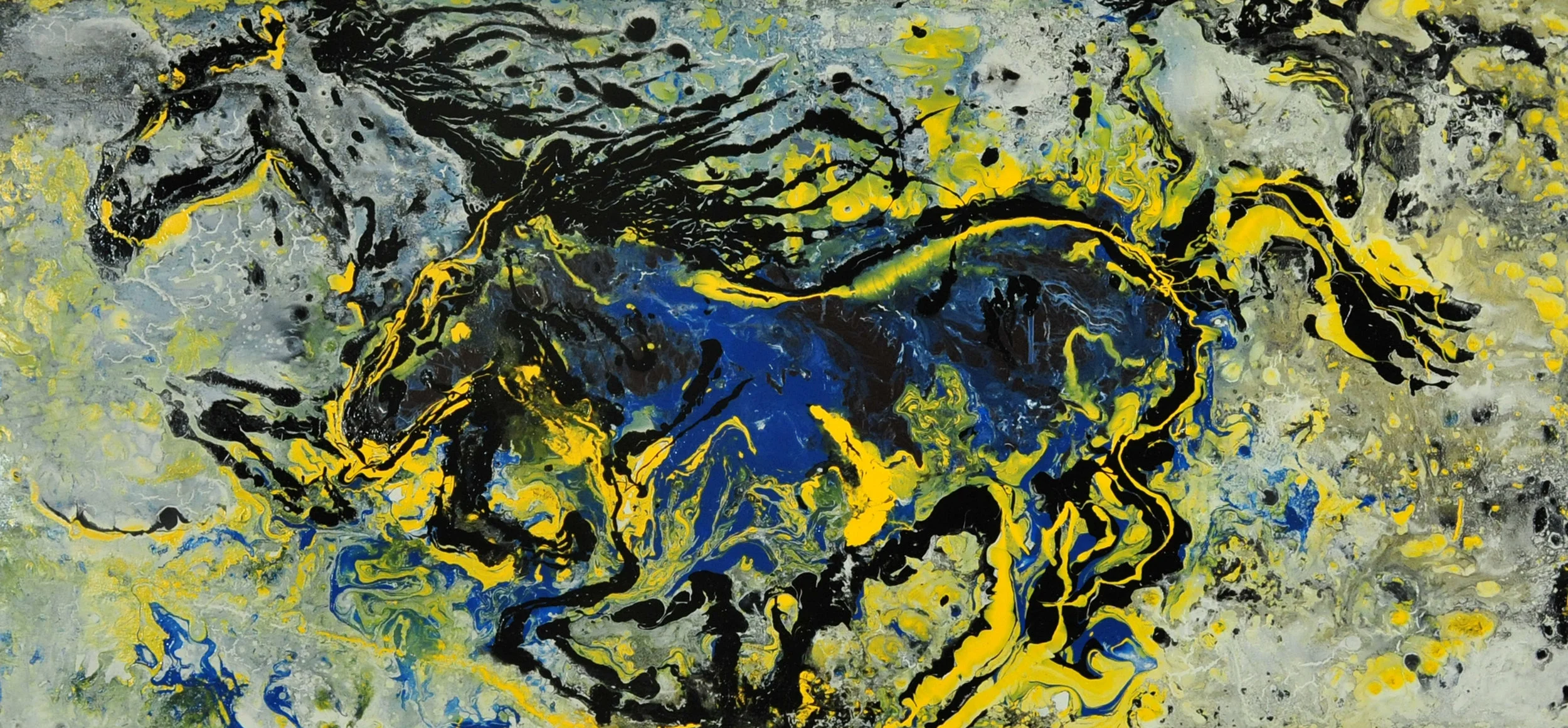Dragon and Little Joe 36x80 oil and acrylic on wood panel. D ragon was a thoroughbred that threw me into a tree on a dead run. Little Joe was my sister's first pony. I love horses but I have always preferred handle bars to reins, handle bars are control, reins are a suggestion.