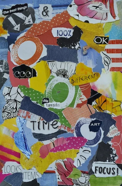 Colorful vertical oriented collage with words such as focus, art, cool and time. 