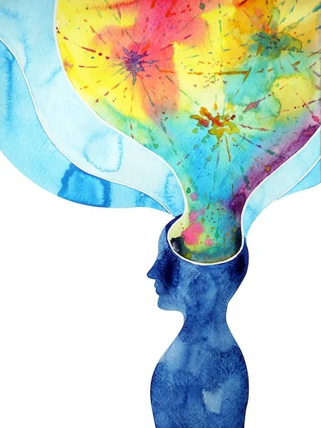 Watercolor of a figure with colors flowing out of head