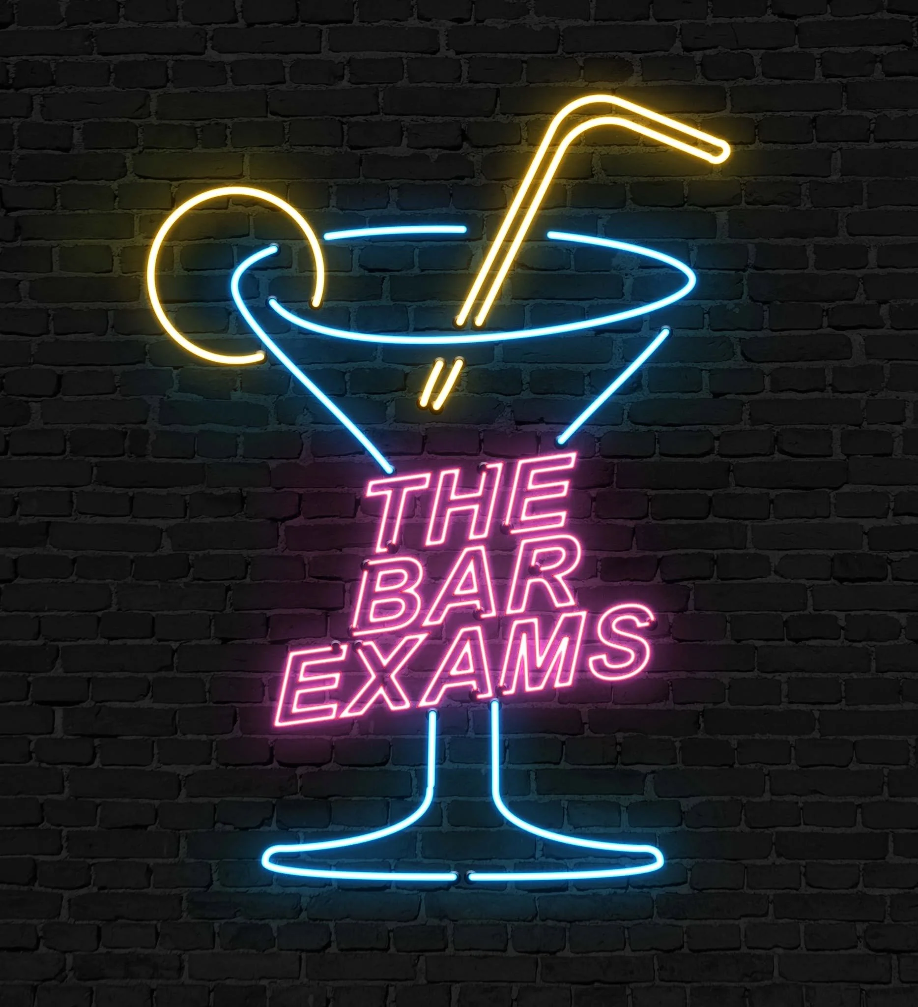 Neon sign of a cocktail glass with a lemon slice and straw, with the word 'STOP' below in pink neon, against a dark brick wall.