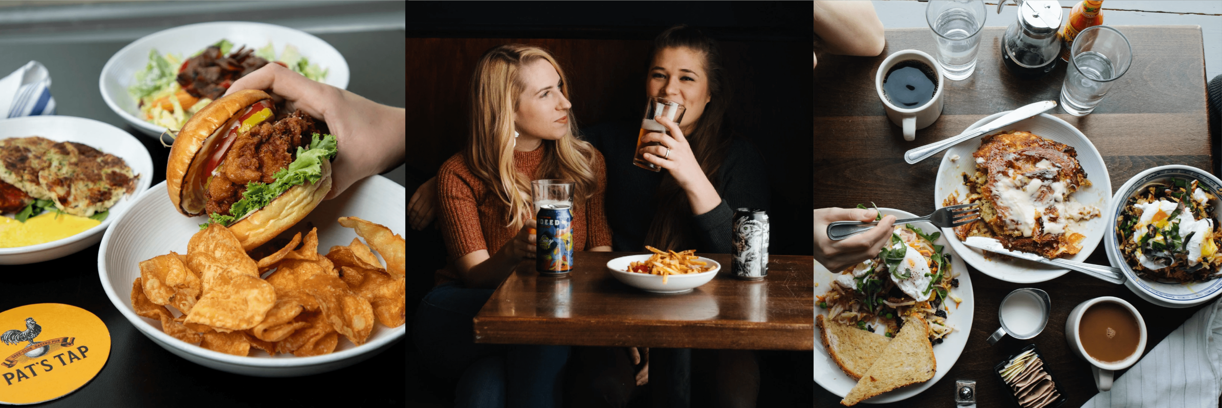 Three-panel collage: First panel shows a hand holding a sandwich with fried chicken, lettuce, and pickles, surrounded by plates of salad and fried snacks. Second panel depicts two women sitting at a table drinking soda and eating fries, smiling and engaging in conversation. Third panel displays a table with various dishes including a slice of pie, salad, chips, and beverages, indicating a casual meal setting.