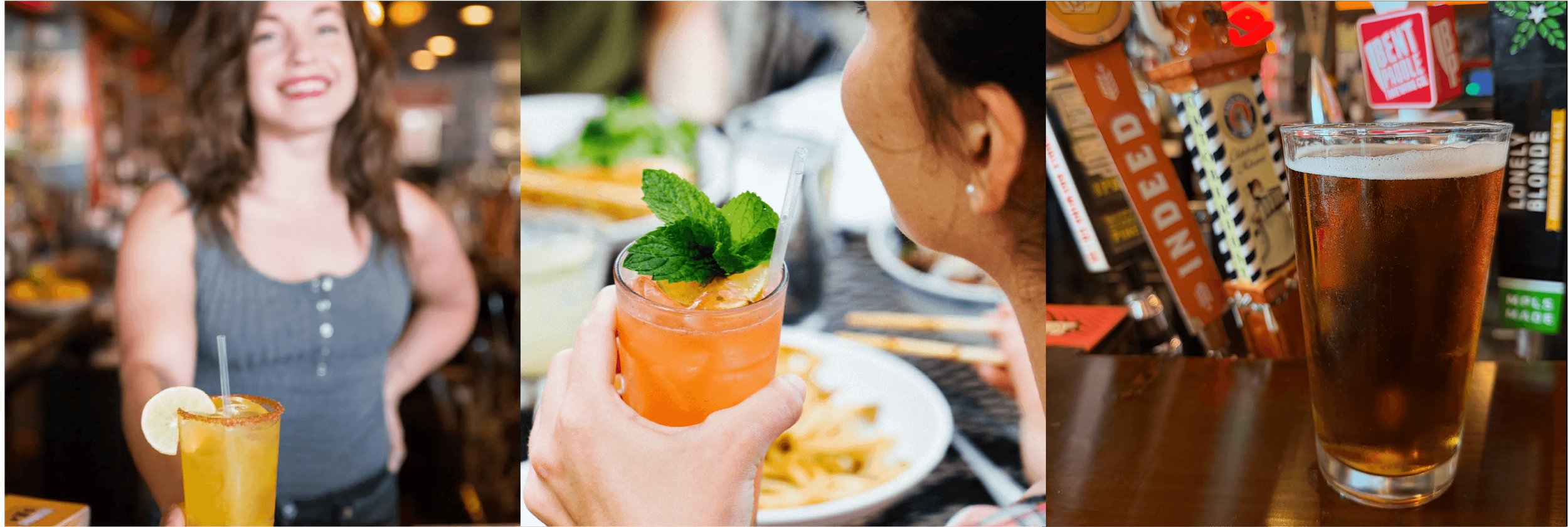 A collage of three images showing different drinks in a bar or restaurant setting. The first image features a woman with curly hair smiling while holding a yellow cocktail with a lemon slice garnish. The second image shows a woman enjoying a bright orange cocktail garnished with fresh mint leaves. The third image depicts a pint glass filled with amber beer on a wooden table, with a blurred background of bar shelves and alcohol bottles.