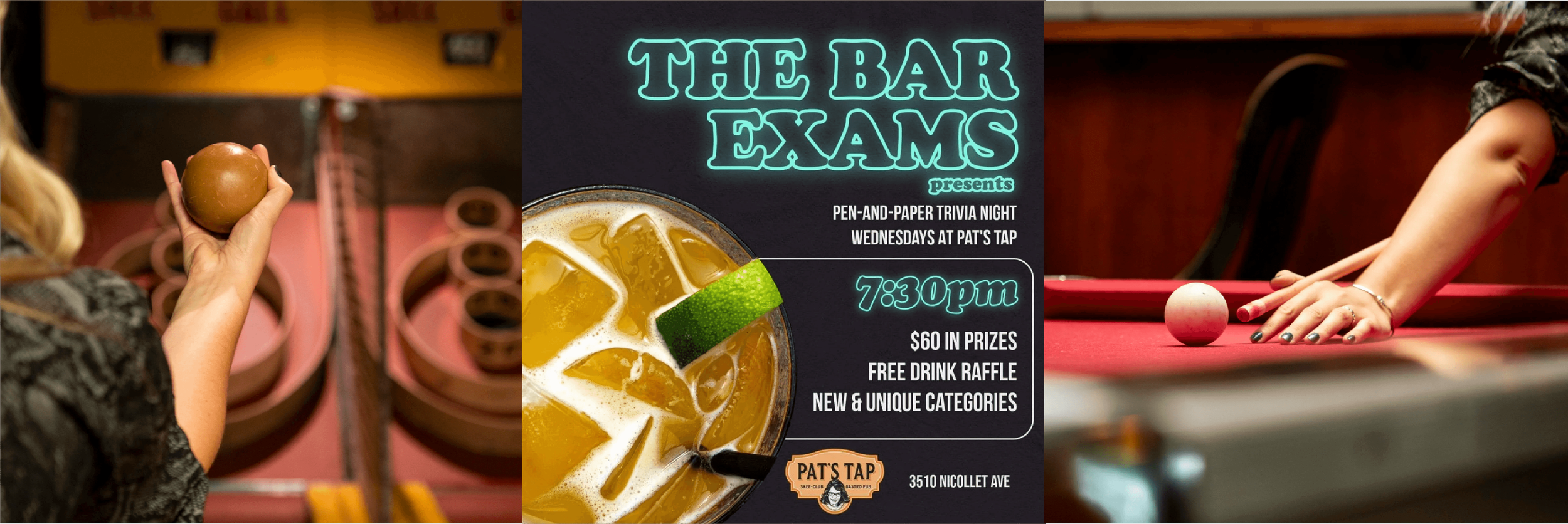 A promotional poster for Trivia Night at Pat's Tap, featuring a glass of iced cocktail with lime, a pool game with a cue stick and white ball, and a person holding a brown ball in front of a pinball machine.