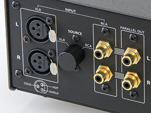 Switchable RCA and XLR inputs. RCA parallel out.
