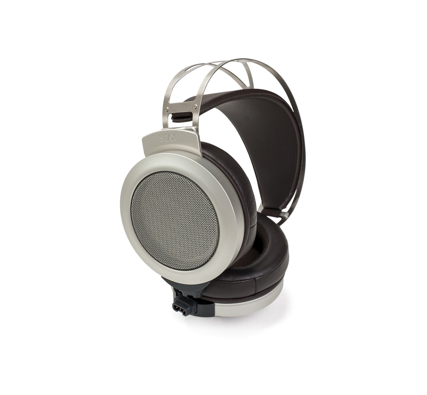 STAX SR-007S, angle view, electrostatic headphones, silver color, metal frame, leather