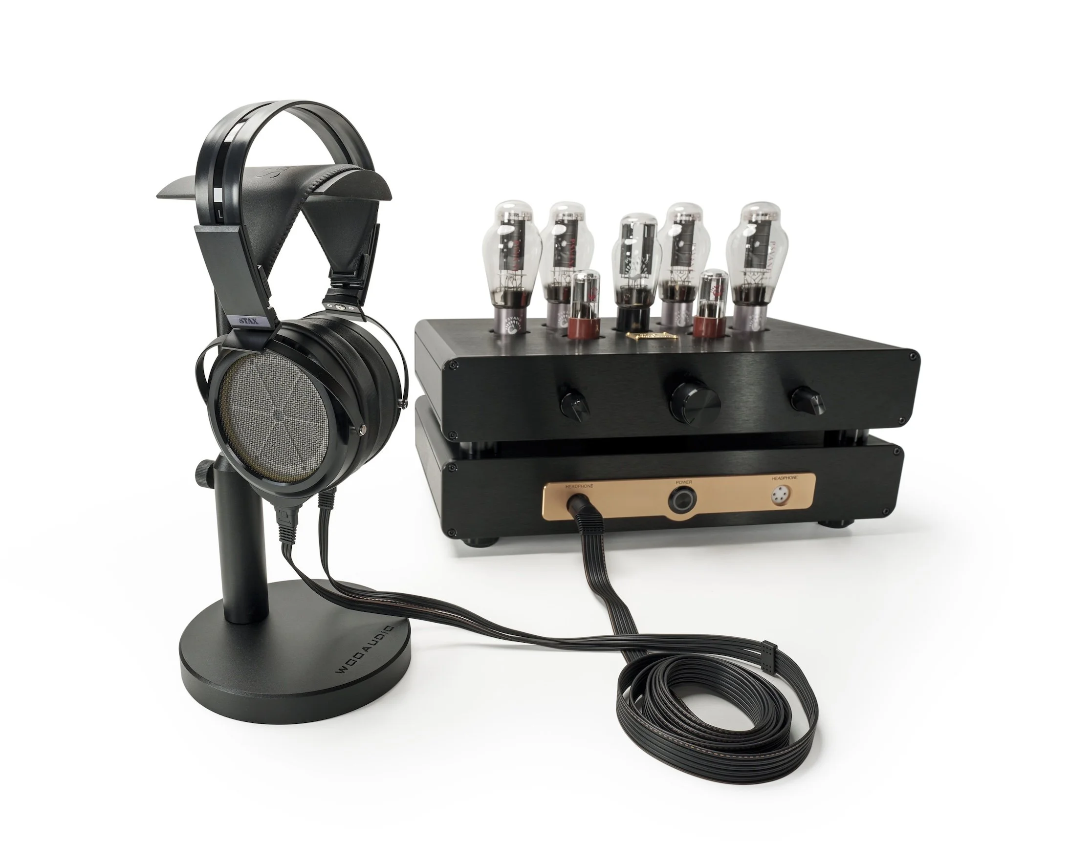 STAX SR-009D_electrostatic_headphones_black_wooaudio_3es_amp_stand