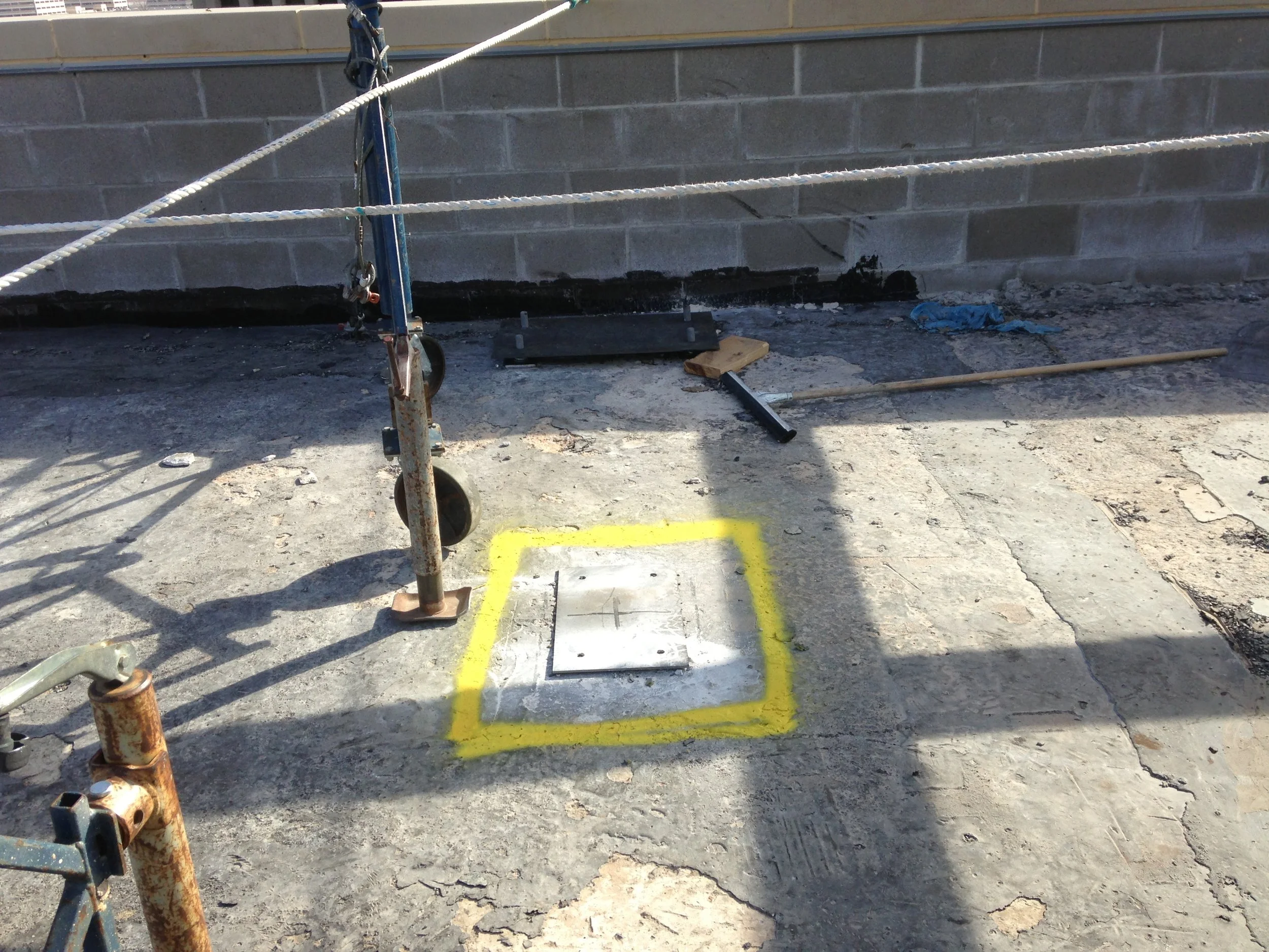 Step 1. A template was made to match each structural baseplate. A pilot hole was drilled for alignment of the template.