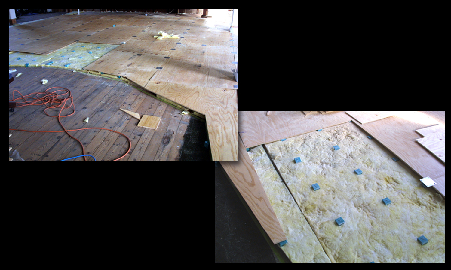 A close up of the absorbers and plywood forms for the floated floor