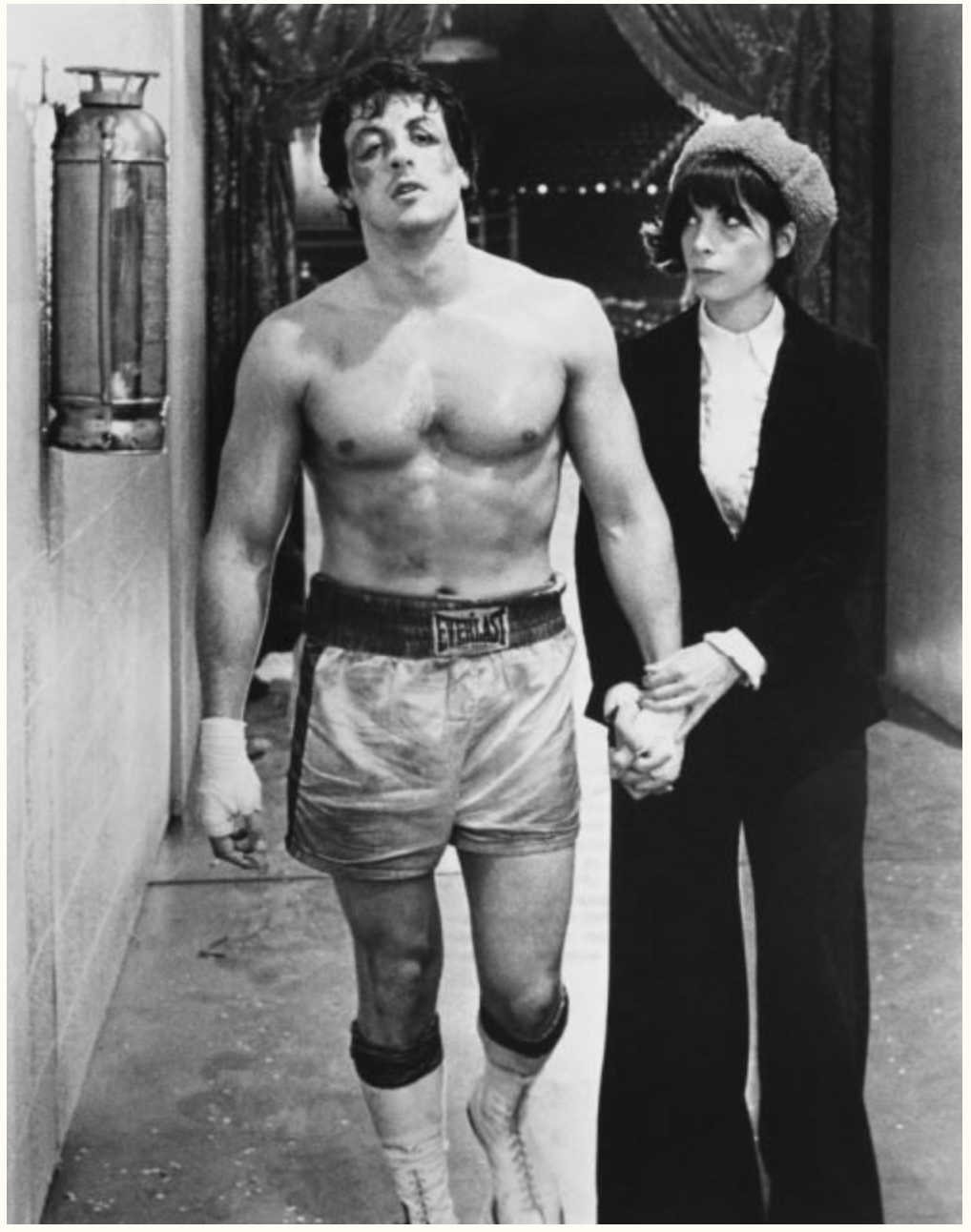 Sylvester Stallone as Rocky Balboa and Talia Shire as Adrian in Rocky. (Photo by John Springer Collection/CORBIS/Corbis via Getty Images)