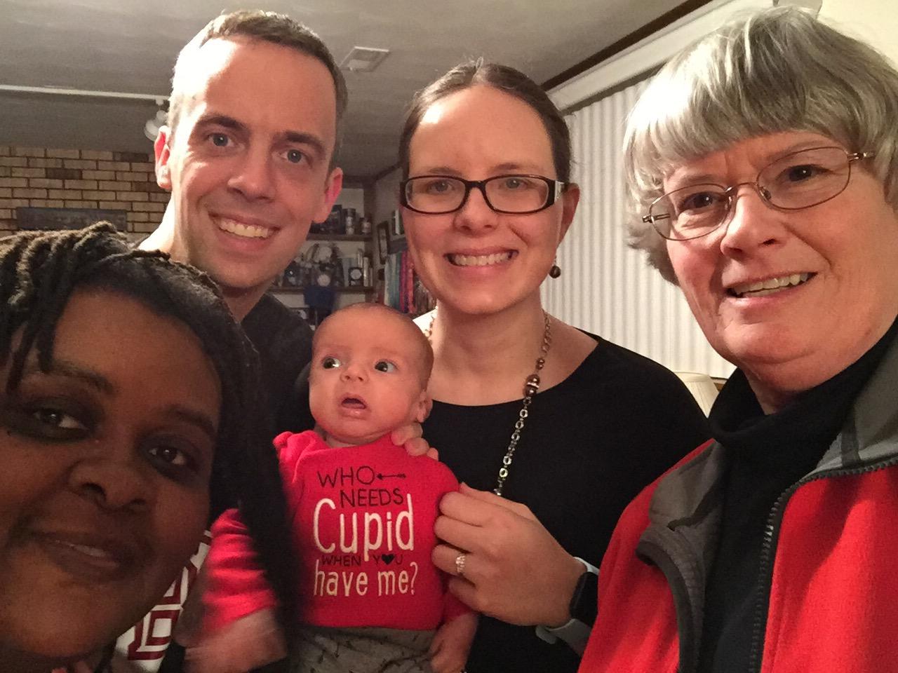 Wes, Amanda and Elijah Johnson, Sundae Johnson, and Pastor Pam after Elijah’s crib blessing