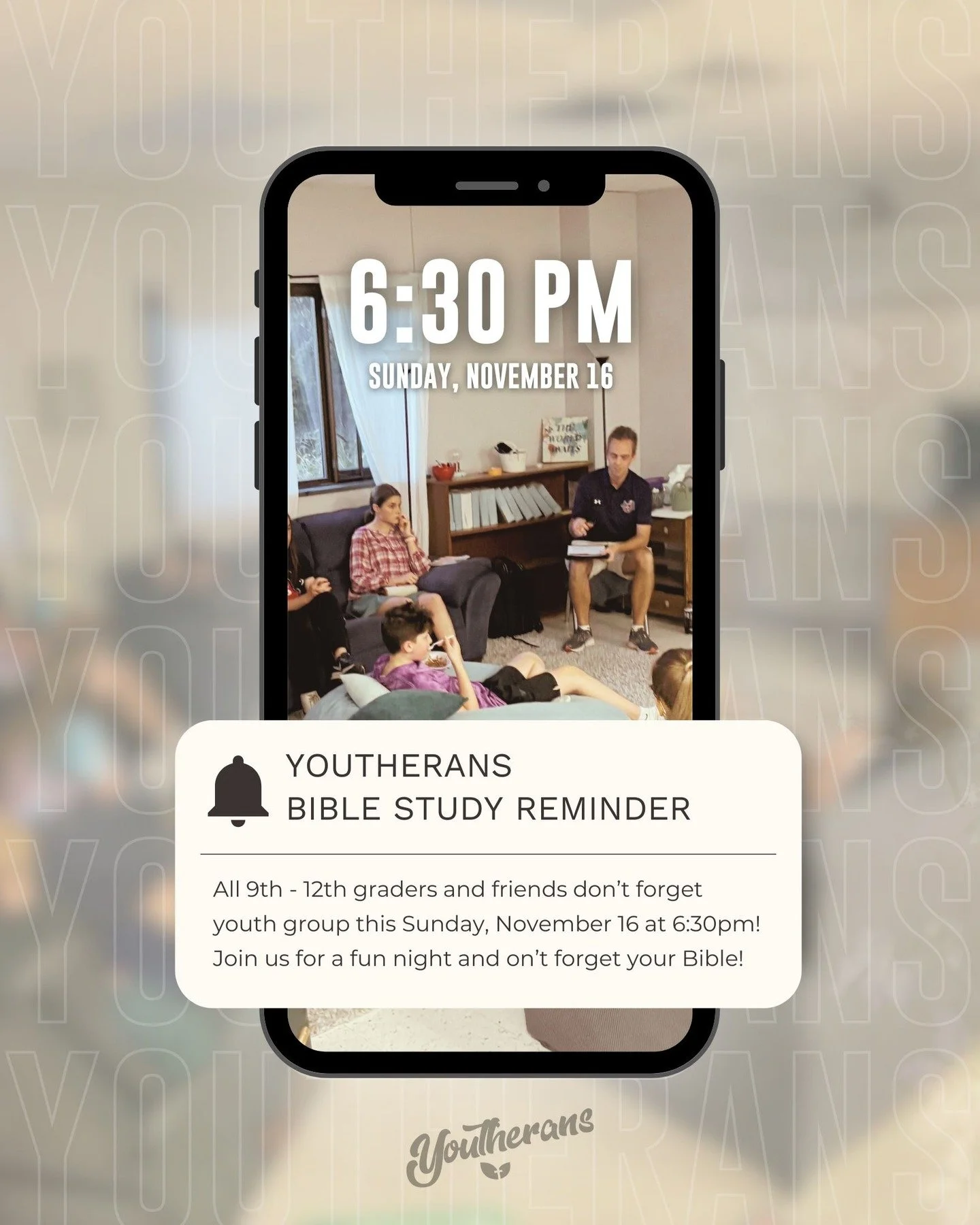Invite your friends to join you for Youtherans this Sunday, November 16 at 6:30pm downstairs in the Youth Room!

📖 We meet the 1st and 3rd Sundays each month for Bible study, snacks, and fellowship. Don&rsquo;t forget your Bible!

Questions? Contact