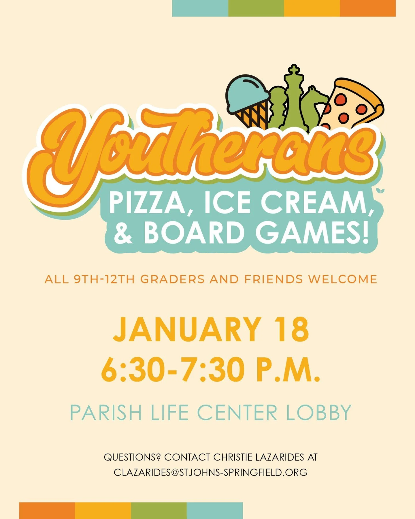 All 9th-12th grade students and friends are invited to join us for this Sunday for Pizza, Ice Cream, Board Games &amp; Fun! Come welcome Christie to Youtherans as she beings serving as the Director of Youth &amp; Family Ministry! 

♟️Bring your favor
