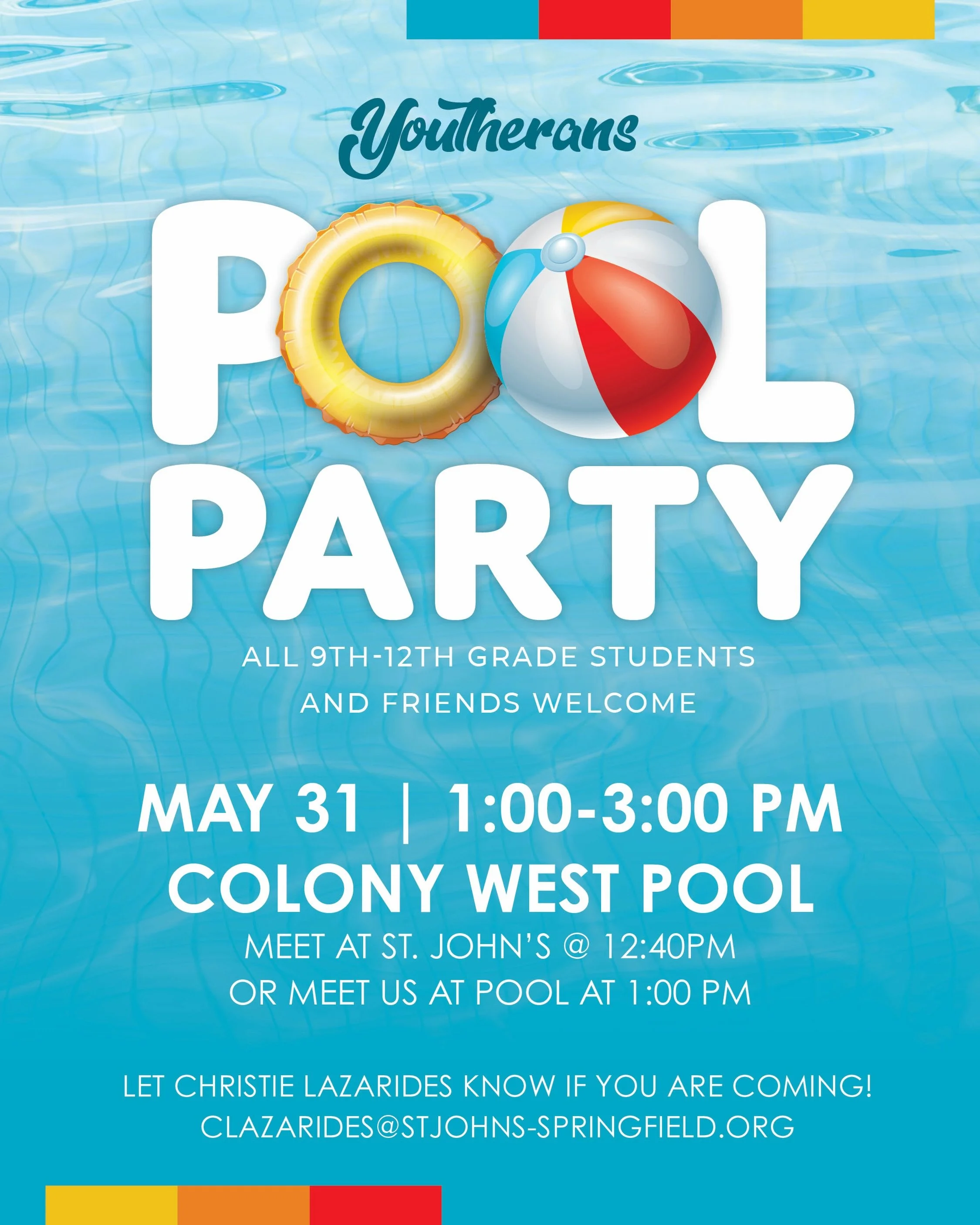 We can&rsquo;t wait to see all our 9th-12th grade students and friends THIS Sunday at our Youtherans POOL PARTY!!! Meet at the church at 12:40pm to ride together, or you can drive directly to the pool at 1:00pm.  Please let Christie know if you plan 