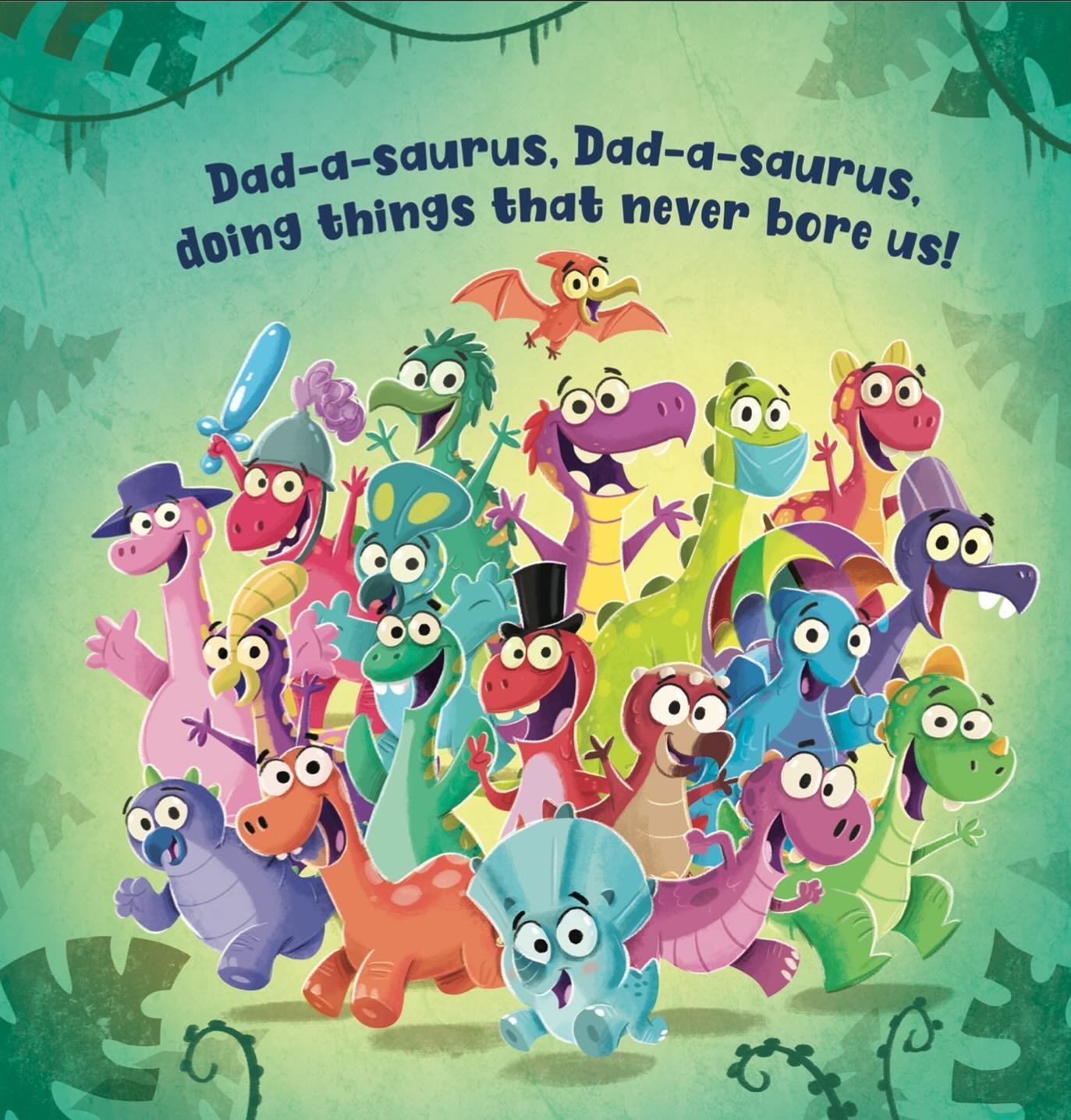 Laughing, singing, jokes and soaks, Dino-Dads are busy blokes!

If you like cute dinosaurs and their dads being silly goofs then this could be the book for you. It&rsquo;s bright, breezy, full of simple rhymes and fun illustrations. 

Also makes a pe