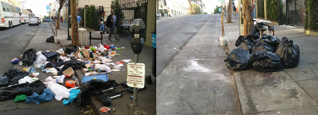 Before and After. Clean Team respond to a too familiar site in mid August. Crews work with DPW to retrieve garbage in properly collected bags. If trash is gathered after DPW trucks make their rounds, Clean Team trucks retrieve at the end of day. Photo: TLCBD Clean Team