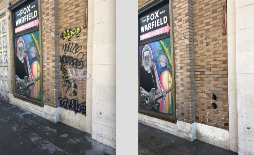 Before/After Graffiti abatement on the Warfield building along Taylor Street.