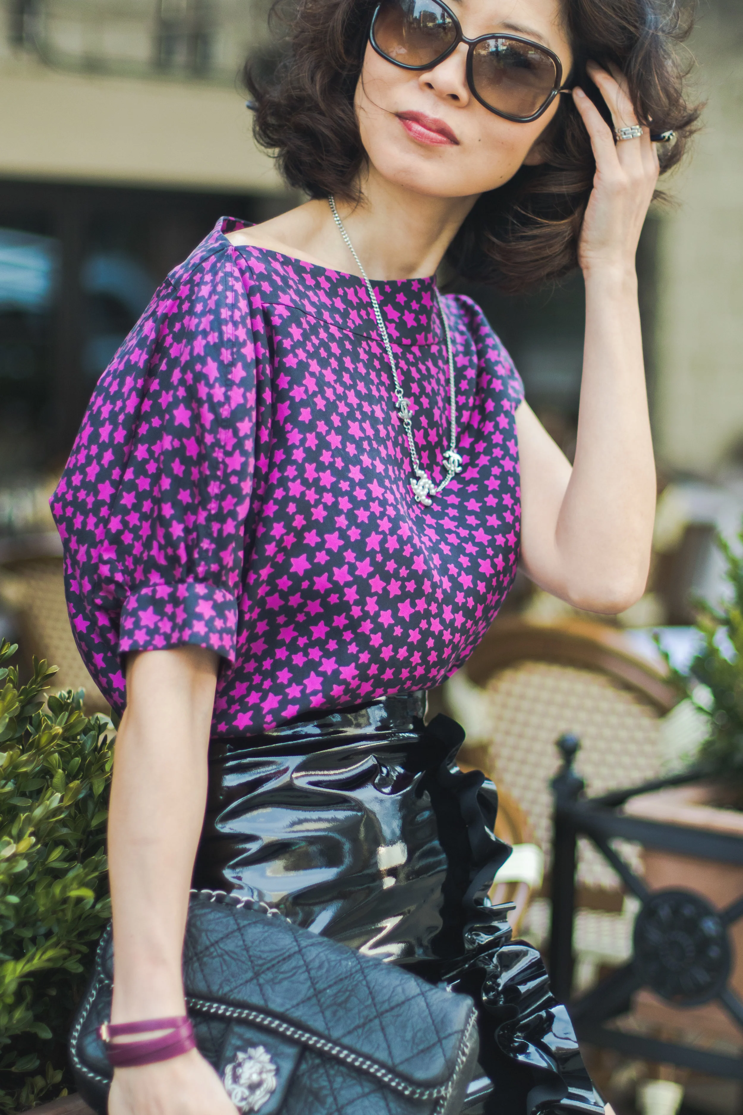 Shopping my look and similar items here: One-Shoulder Blouse /// tiered eyelet one shoulder top / K notted mini skirt // Ruffle vinyl mini skirt // black ankle strap // Crossbody bag //