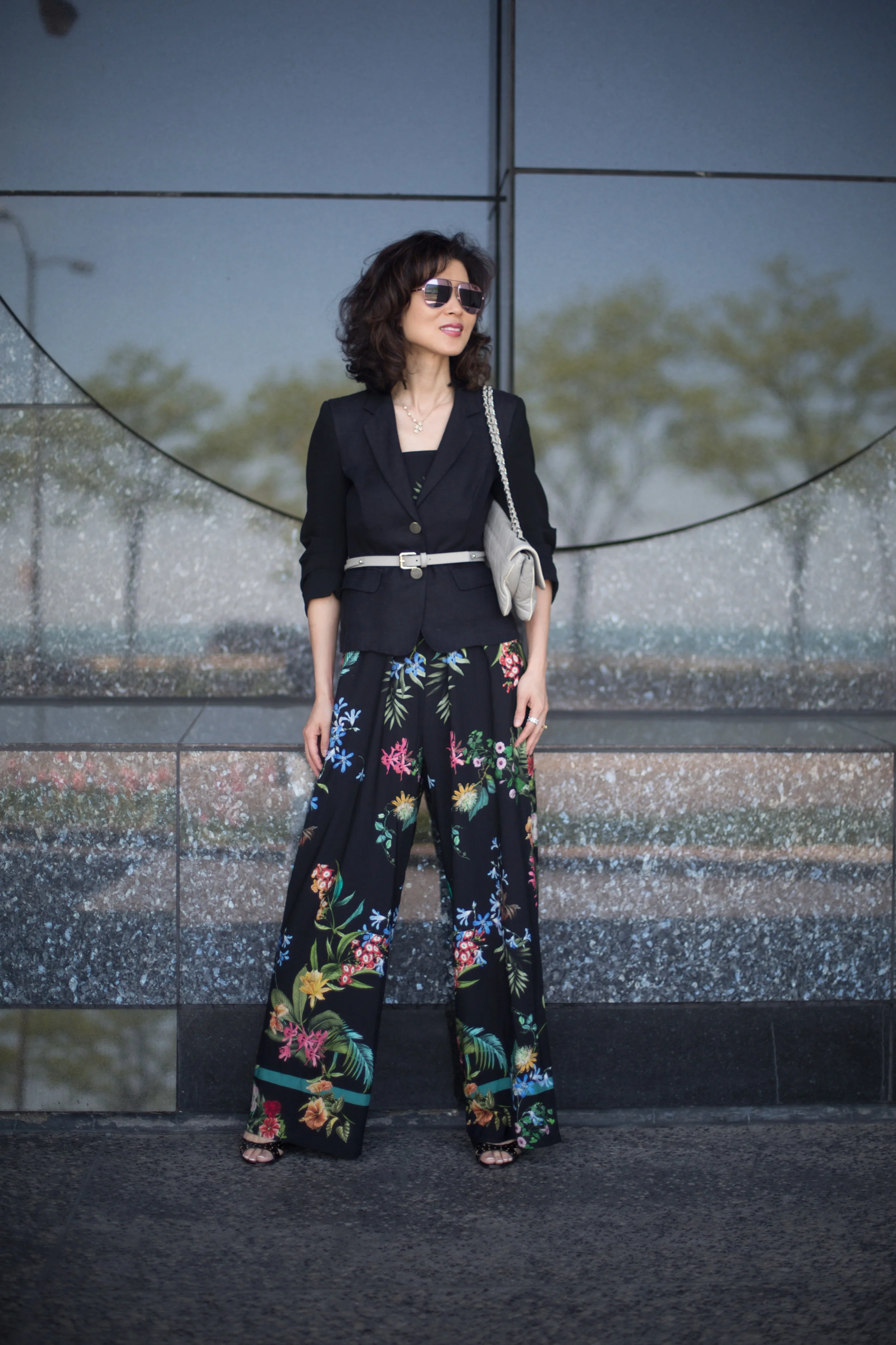 Shop my look and similar items here//: Straw Hat // Wool Jacket // Belt // Floral print Jumpsuit // Sunglasses // Sandals (similar)//