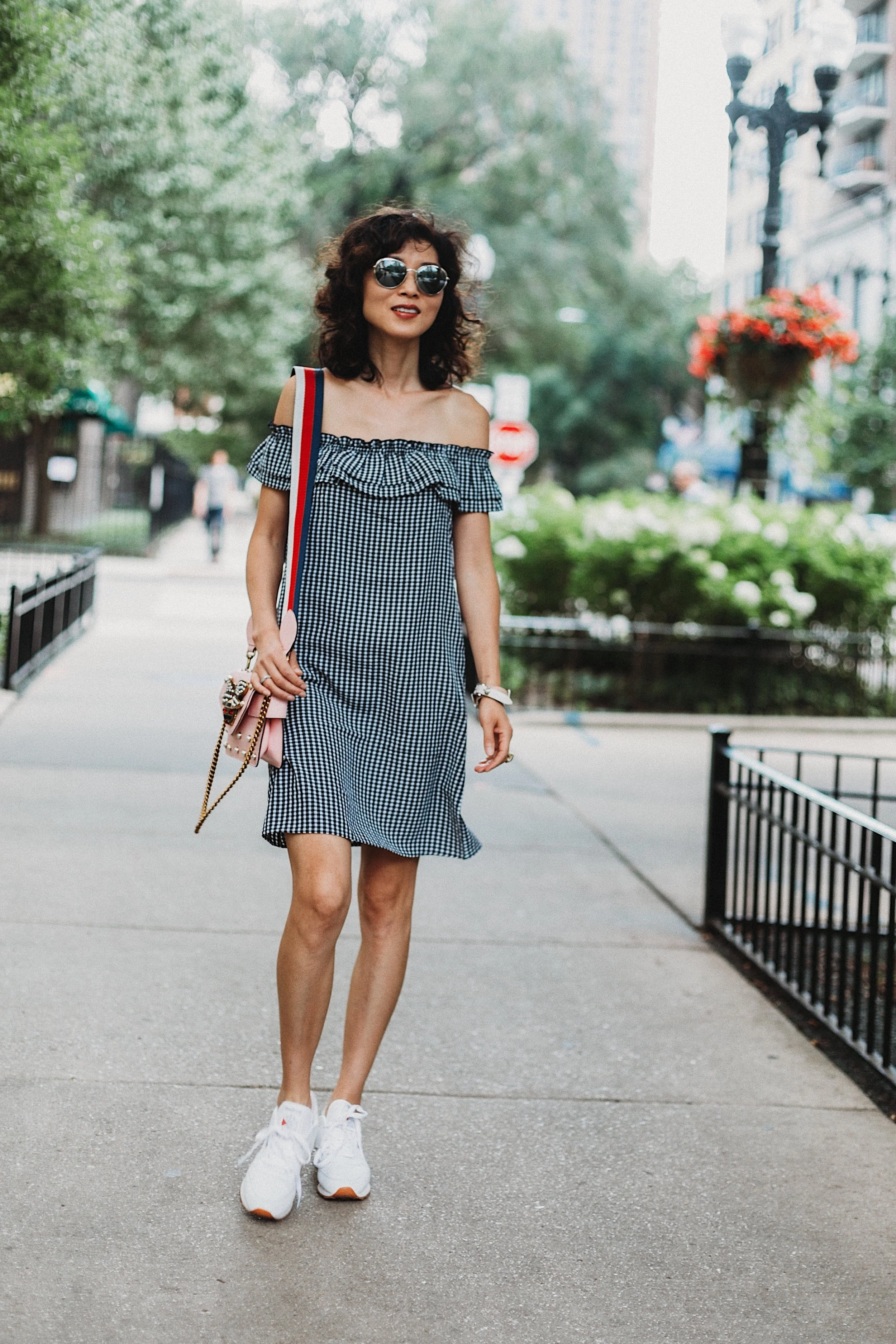 Shop my look and similar items here://Gingham Dress//Gingham Dress(similar)//Gingham Dress(similar)//Sneaker//Broadway Mini  Purse//Sunnies//Sunnies( steal) //Bracelet//