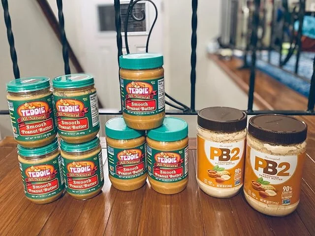 I, Katie, have accidentally hoarded peanut butter. 
I got excited that Market Basket had the kind I liked so I bought 4 jars...only to discover in the mail yesterday that I had ordered 3 jars off Amazon and 2 powder jars from Walmart...stupid late ni