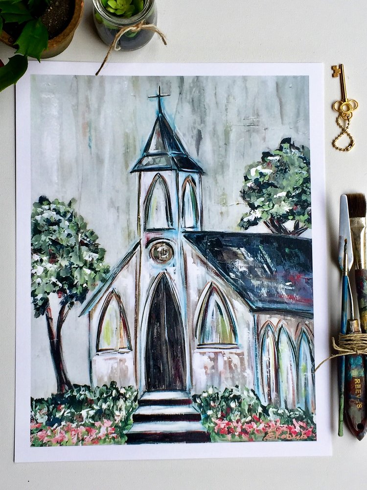 Come On In white church painting 11x14 fine art print — Erika Roberts  Studio