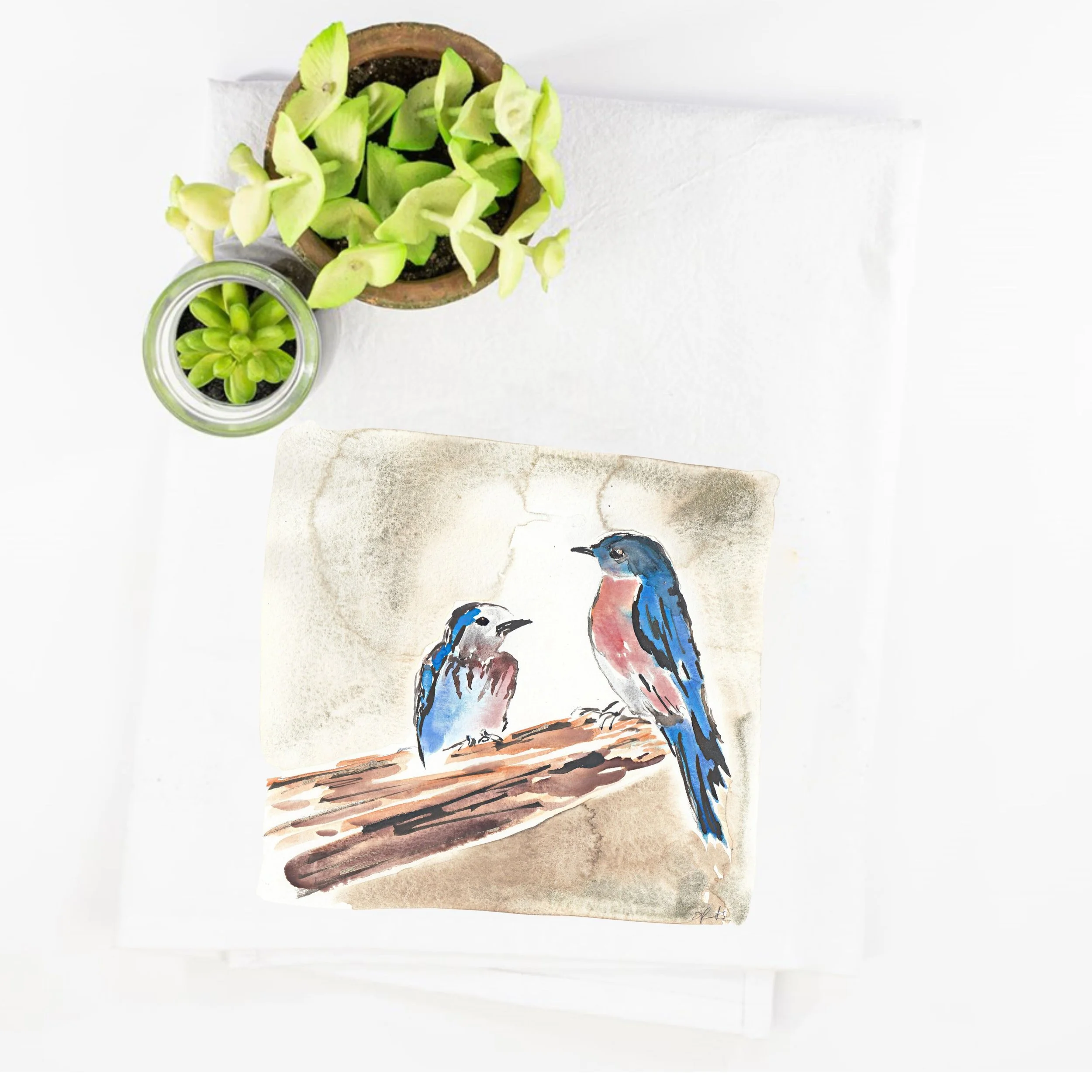 "Red, White & Bluebirds" Bluebird Tea Towel