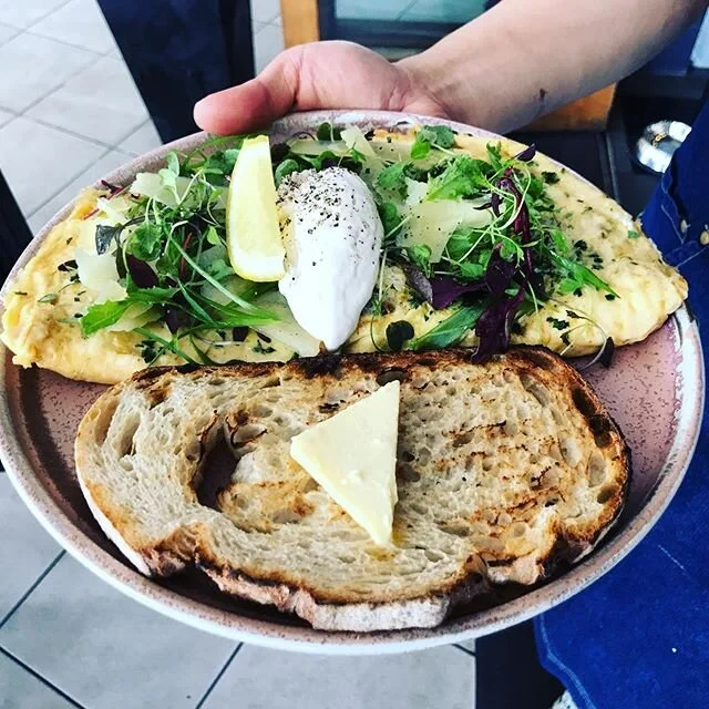 Weekend Brunch Special $19, ONLY 25 servings! 
Spanish tortilla(omelette): Chorizo and sausage meat, goats cheese and spiced potatoes, whipped  maple goats curd, toast and Herbs. 😻👍
All day brekkie 7am-2pm 😍