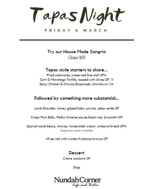🇪🇸Check out our menu for Tapas Night + LIVE music this Friday!
🇪🇸Plus House Made Sangra $10 🇪🇸Free Welcome Drink & Kids 10 & under eat FREE for our early session (5.30-7.30pm)

Only 39pp. Bookings essential. Book online at nundahcorner.com.au