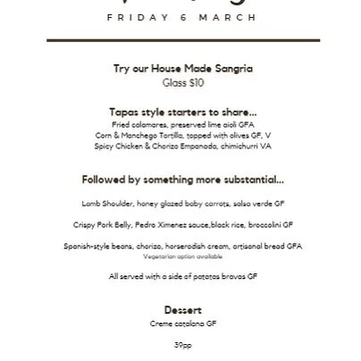 🇪🇸Check out our menu for Tapas Night + LIVE music this Friday!
🇪🇸Plus House Made Sangra $10 🇪🇸Free Welcome Drink & Kids 10 & under eat FREE for our early session (5.30-7.30pm)

Only 39pp. Bookings essential. Book online at nundahcorner.com.au