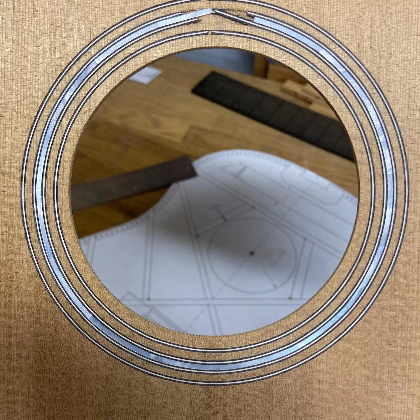 The rosette turned out beautifully on this custom J45. #guitarbuilding #luthier #napa #california @stewmac_guitar @luthiersmercantile