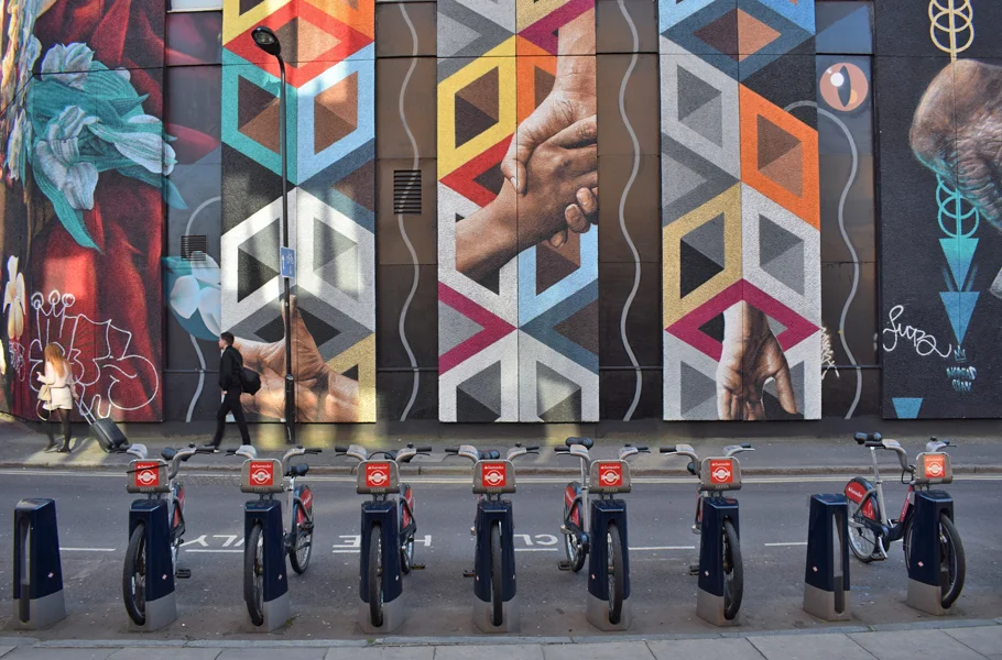 Santander cycles and street art Shoreditch London