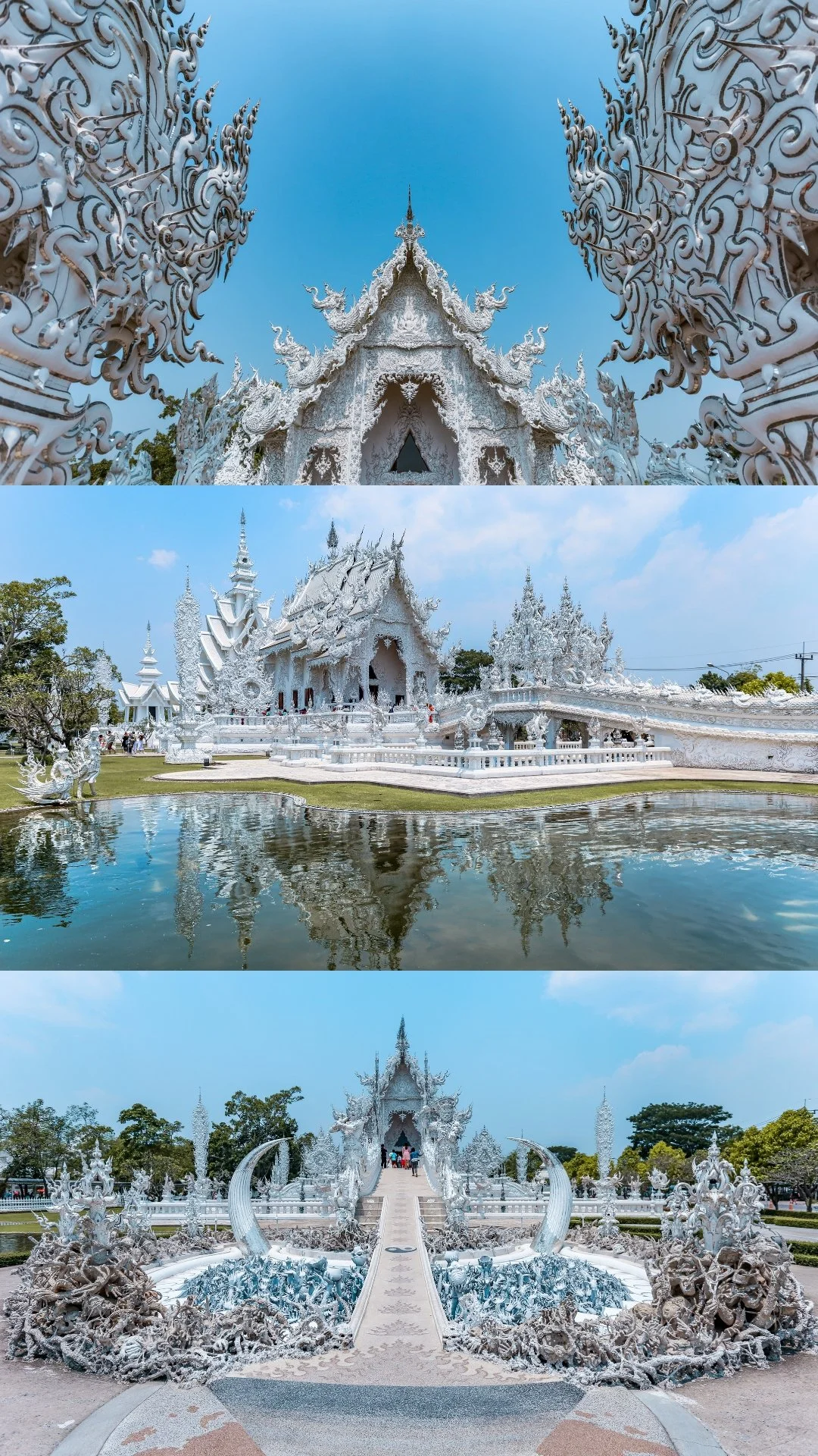 White ornate temple with intricate details and reflection in water, surrounded by greenery.