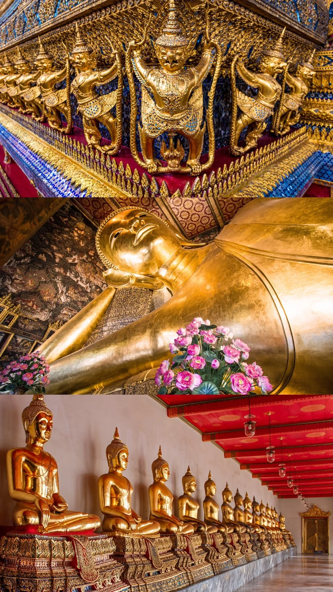A collection of Buddha statues and intricate golden decorative elements in a temple.