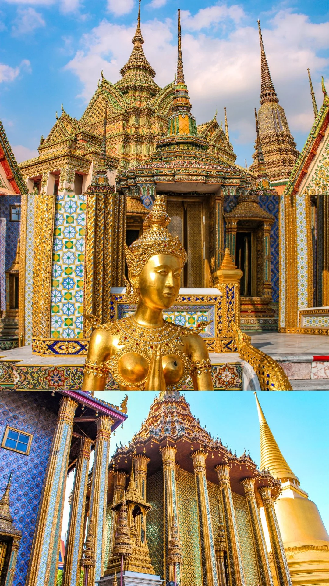 A collage of three images showcasing intricate and ornate Thai temple architecture, including golden statues, colorful mosaics, and traditional spires.