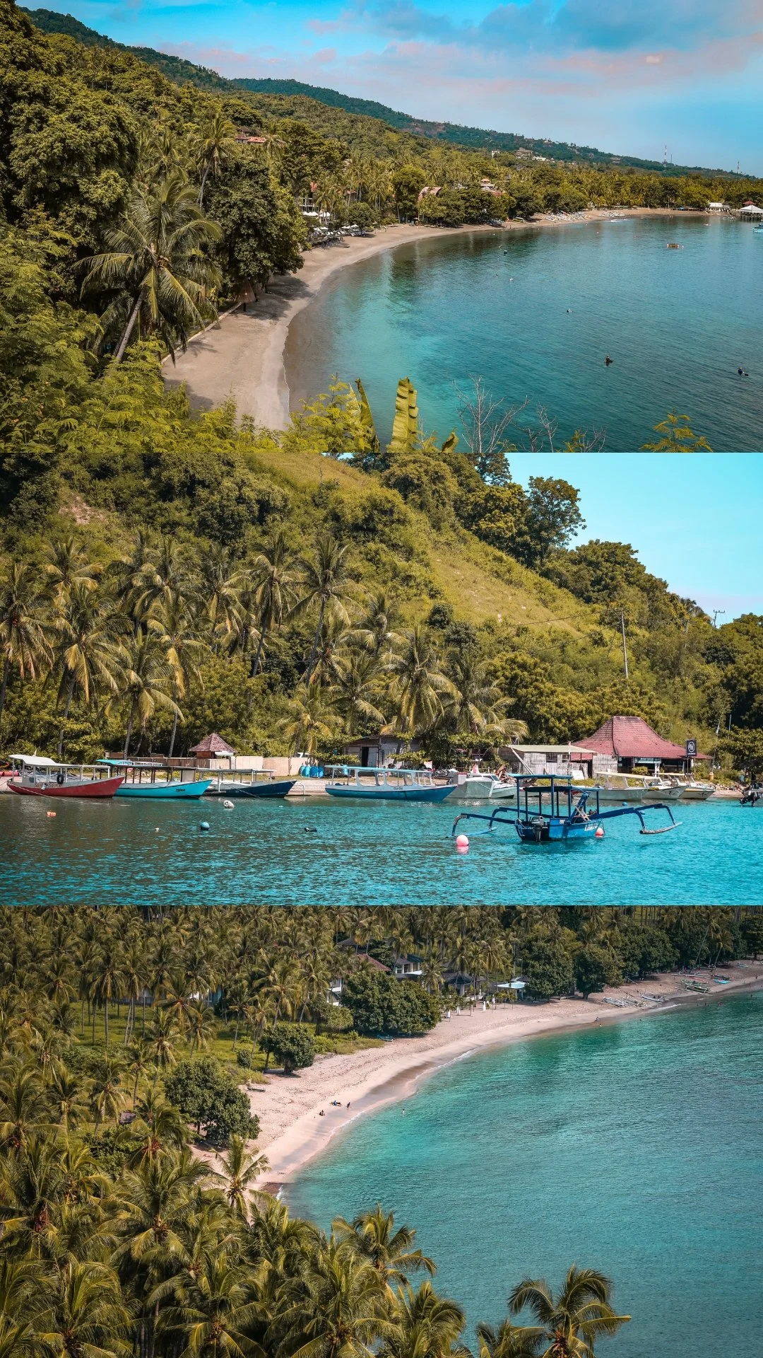 A collage of three beach scenes with lush green hills, palm trees, and clear blue water. The first scene shows a sandy shoreline with water and some boats. The second scene features a marina with boats and huts along the water's edge. The third scene depicts a sandy beach with palm trees and calm water.