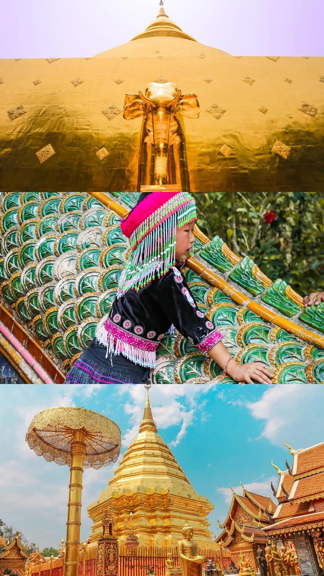 A triptych of photos featuring elements of a Thai temple and culture. The top photo shows a golden stupa with a horse-head decoration at its base, viewed from below. The middle photo depicts a young girl in traditional Thai attire and headdress, touching an intricately decorated wall. The bottom photo displays a golden stupa with a spire, surrounded by ornate structures and a cloudy sky.