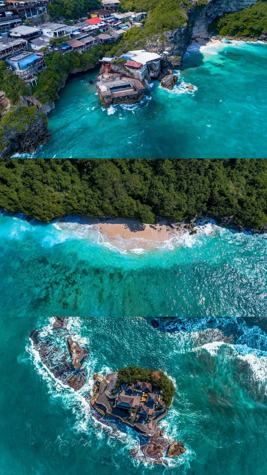 Aerial view of a small rocky island with buildings and landscaping, surrounded by turquoise waters with waves crashing against the rocks.