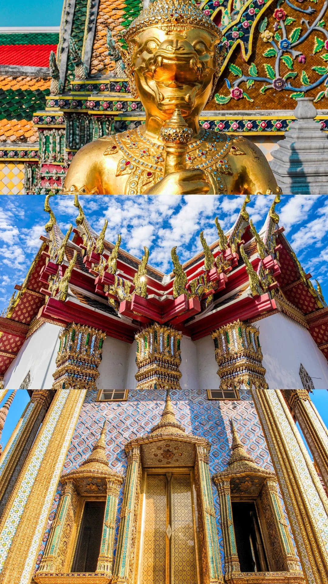 A collage of three images featuring ornate Thai temples and sculptures. The top image shows a golden lion statue with intricate details, holding a scepter, in front of a colorful temple wall. The middle image captures a temple roof with elaborate gold and red decorations against a bright blue sky with scattered clouds. The bottom image displays a temple entrance or window with gold and jewel-toned embellishments.