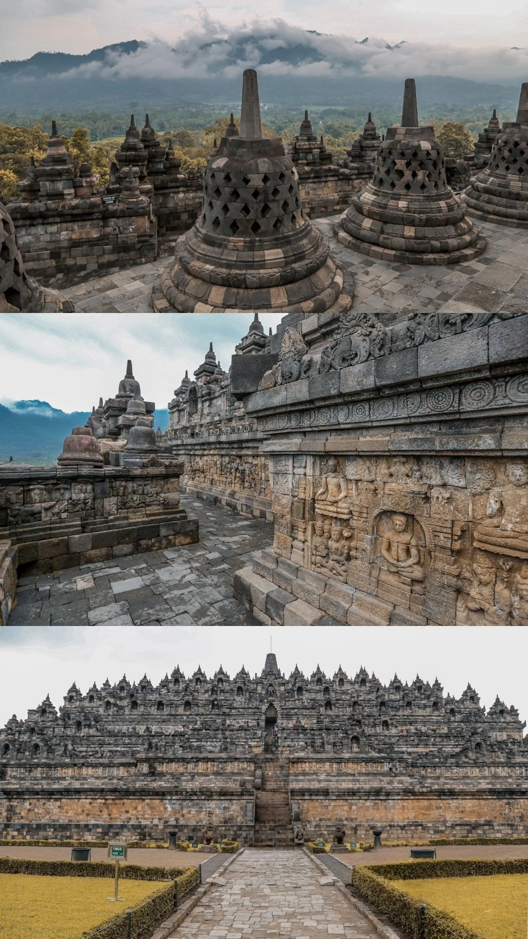 A triptych of photos of Borobudur Temple in Indonesia: top photo shows the temple's stupas with mountains in the background, middle photo shows detailed stone carvings on the temple walls, bottom photo shows the front view of the temple with stairs leading up to the main structure.