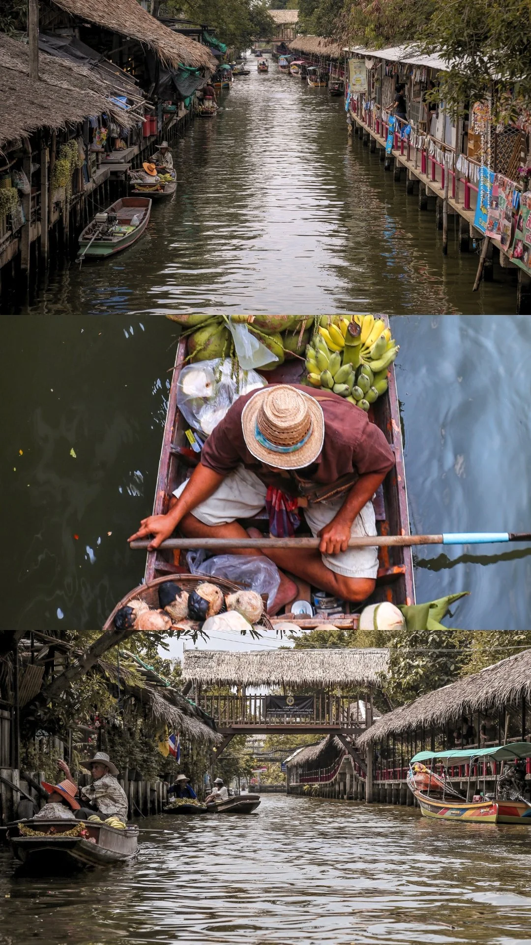 Scenes of a floating market with boats on a canal lined with stilt houses and vendors selling goods, including fruits and crafts.
