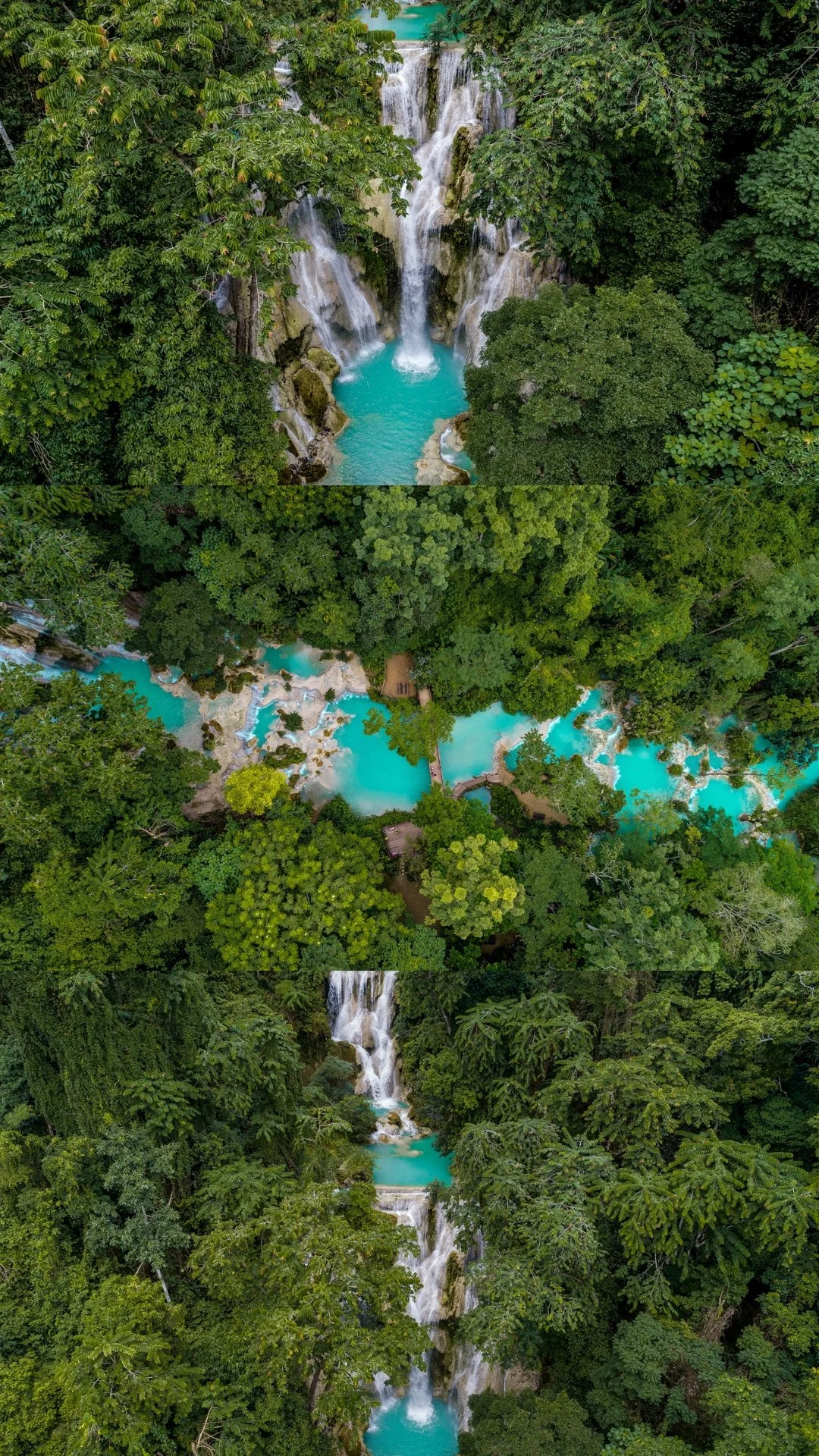 Aerial view of a multi-tiered waterfall surrounded by lush green tropical forest with turquoise pools.