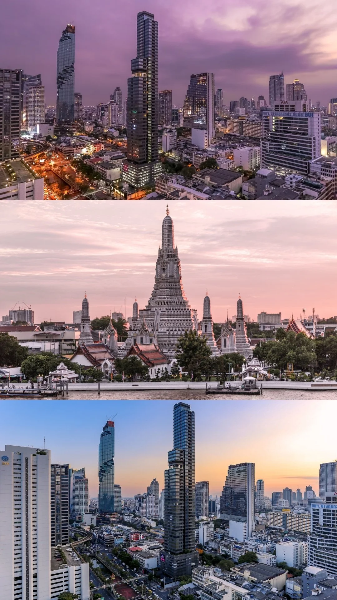 Composite image showing three cityscapes of Bangkok at sunset, with the top and bottom images featuring modern high-rise buildings and the middle image showcasing a historic temple complex with a large central pagoda.